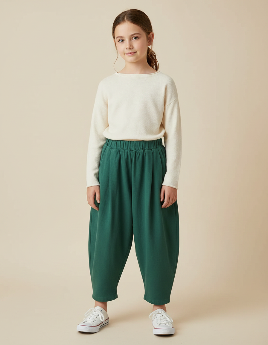 Pantalon Fluide Vert Ample Plissé Décontracté Enfant - Molleton