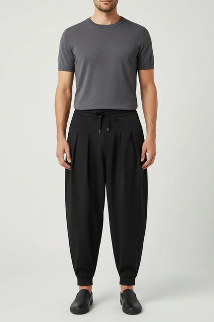 Pantalon Fluide Homme Noir Ample Plissé Décontracté - Polyester