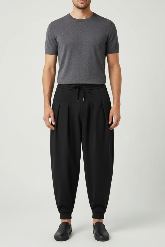 Pantalon Fluide Homme Noir Ample Plissé Décontracté - Polyester
