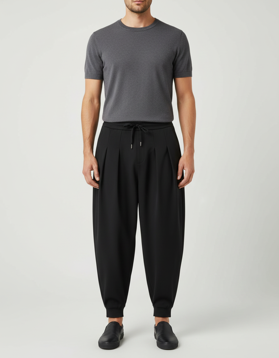 Pantalon Fluide Homme Noir Ample Plissé Décontracté - Polyester