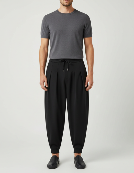 Pantalon Fluide Homme Noir Ample Plissé Décontracté - Polyester