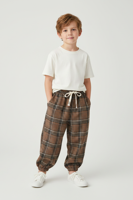 Pantalon Fluide Carreaux Marrons Ample Décontracté Enfants - Tweed