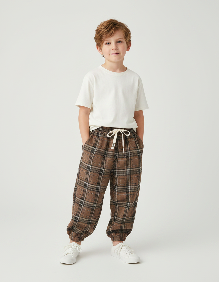 Pantalon Fluide Carreaux Marrons Ample Décontracté Enfants - Tweed