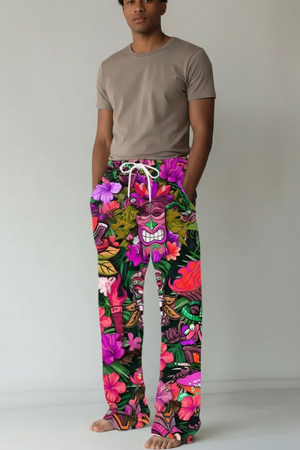 Pantalon Fluide Imprimé Totem Floral Tropical Ample Homme - Multicolore Viscose