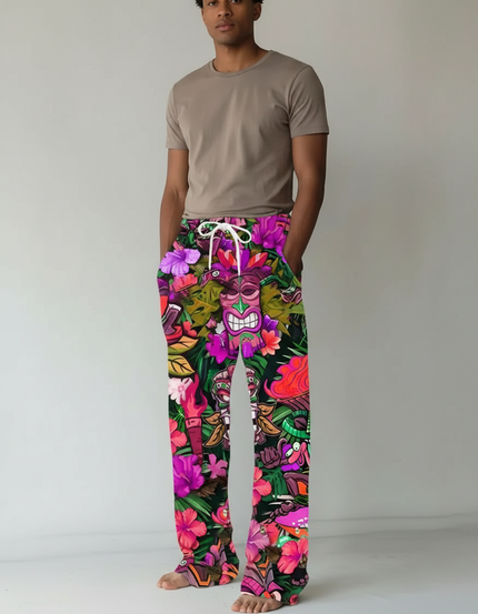 Pantalon Fluide Imprimé Totem Floral Tropical Ample Homme - Multicolore Viscose