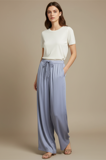 Pantalon Fluide Bleu Ciel Ample Satiné Décontracté Femme