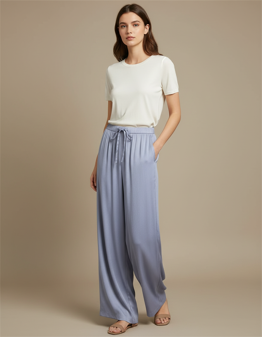Pantalon Fluide Bleu Ciel Ample Satiné Décontracté Femme
