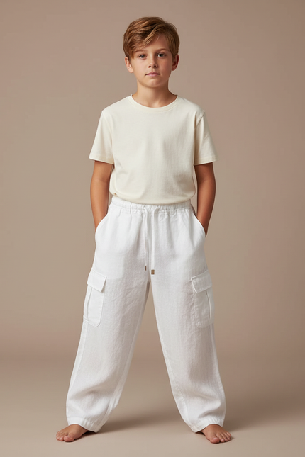 Pantalon Fluide Blanc Lin Ample Cargo Enfant