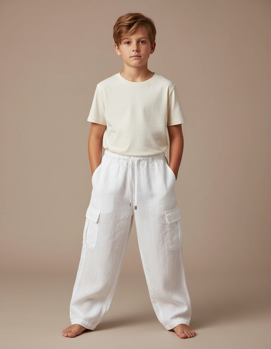 Pantalon Fluide Blanc Lin Ample Cargo Enfant