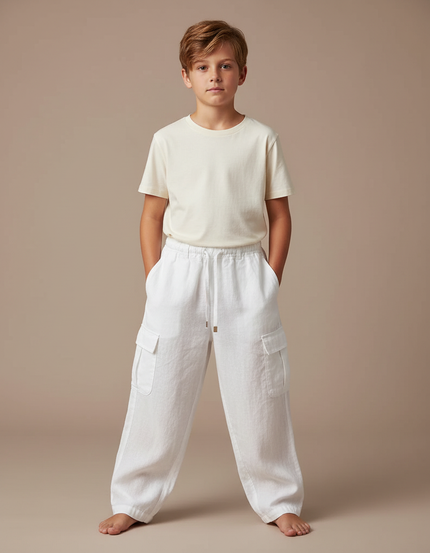 Pantalon Fluide Blanc Lin Ample Cargo Enfant