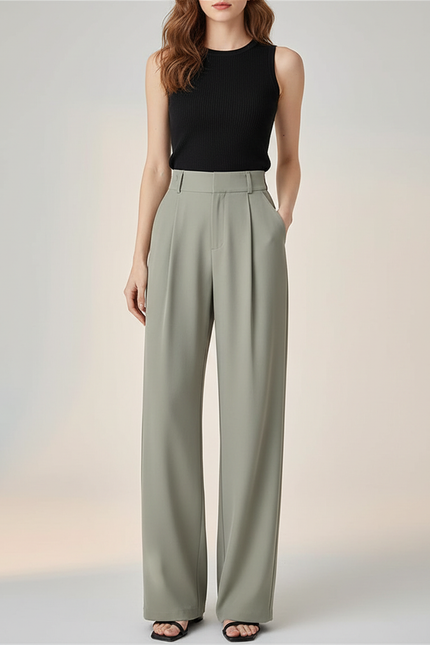 Pantalon Fluide Vert Ample Taille Haute Élégant Femme - Polyester