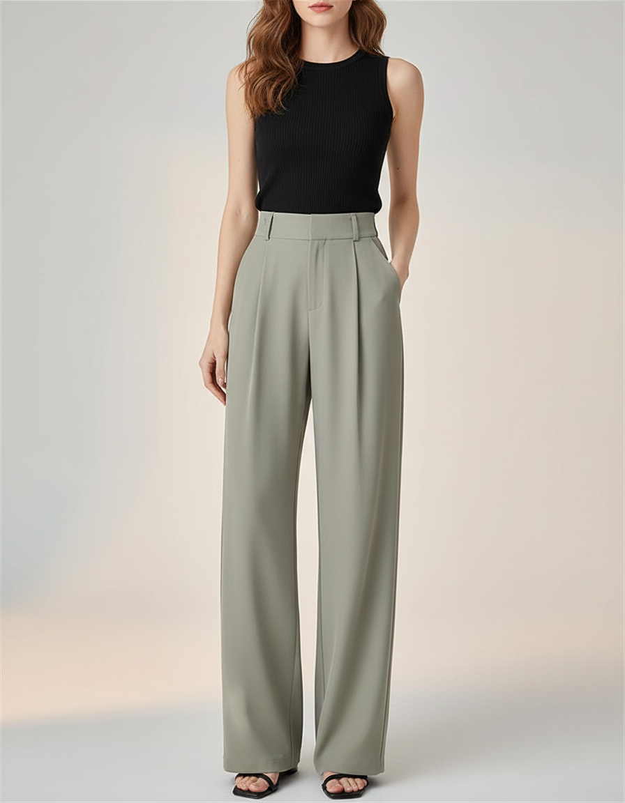 Pantalon Fluide Vert Ample Taille Haute Élégant Femme - Polyester