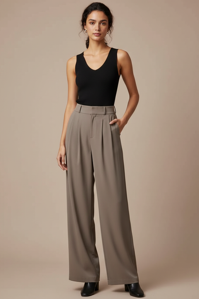 Pantalon Fluide Gris Ample Plissé Élégant Taille Haute - Kaki Polyester