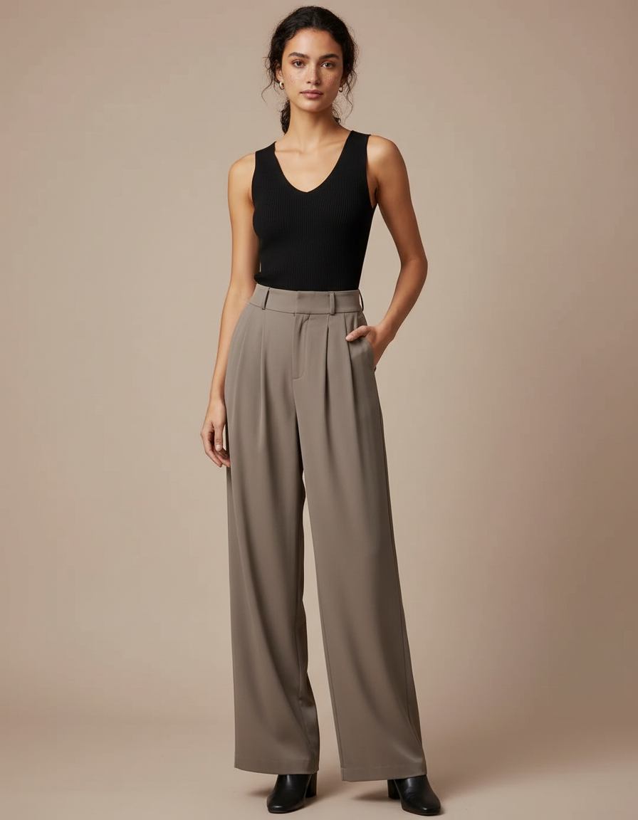 Pantalon Fluide Gris Ample Plissé Élégant Taille Haute - Kaki Polyester