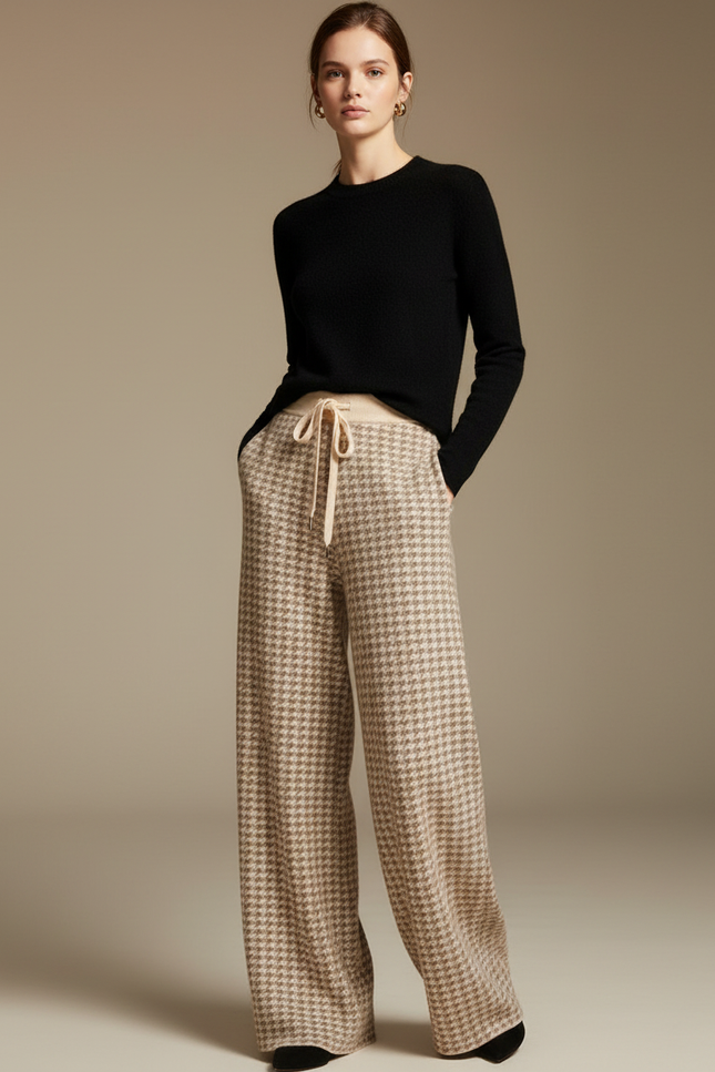 Pantalon Fluide Écru Ample Cordon Pied-de-poule - Beige Maille