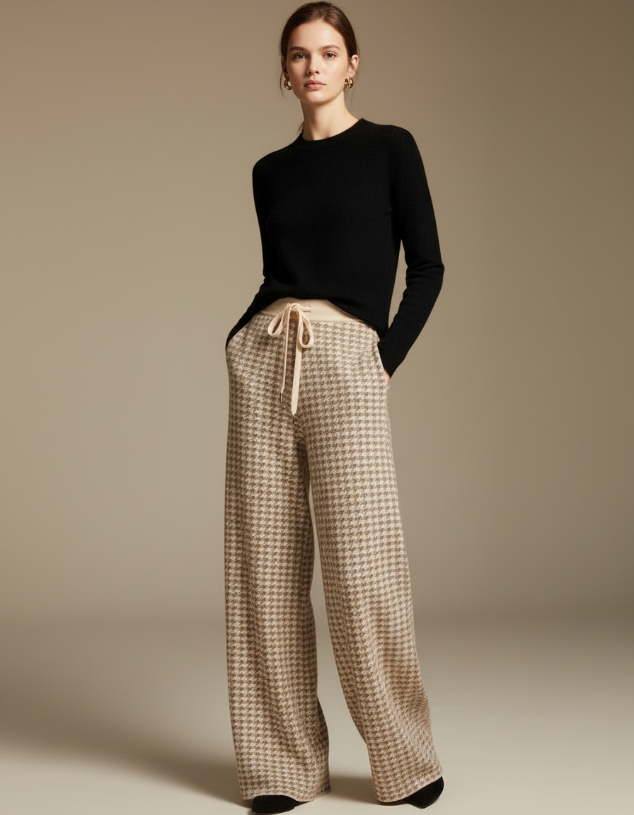 Pantalon Fluide Écru Ample Cordon Pied-de-poule - Beige Maille