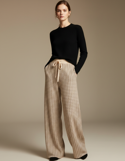 Pantalon Fluide Écru Ample Cordon Pied-de-poule - Beige Maille