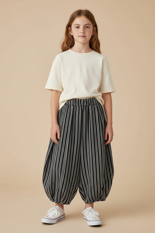 Pantalon Fluide Rayé Noir Ample Coton Décontracté