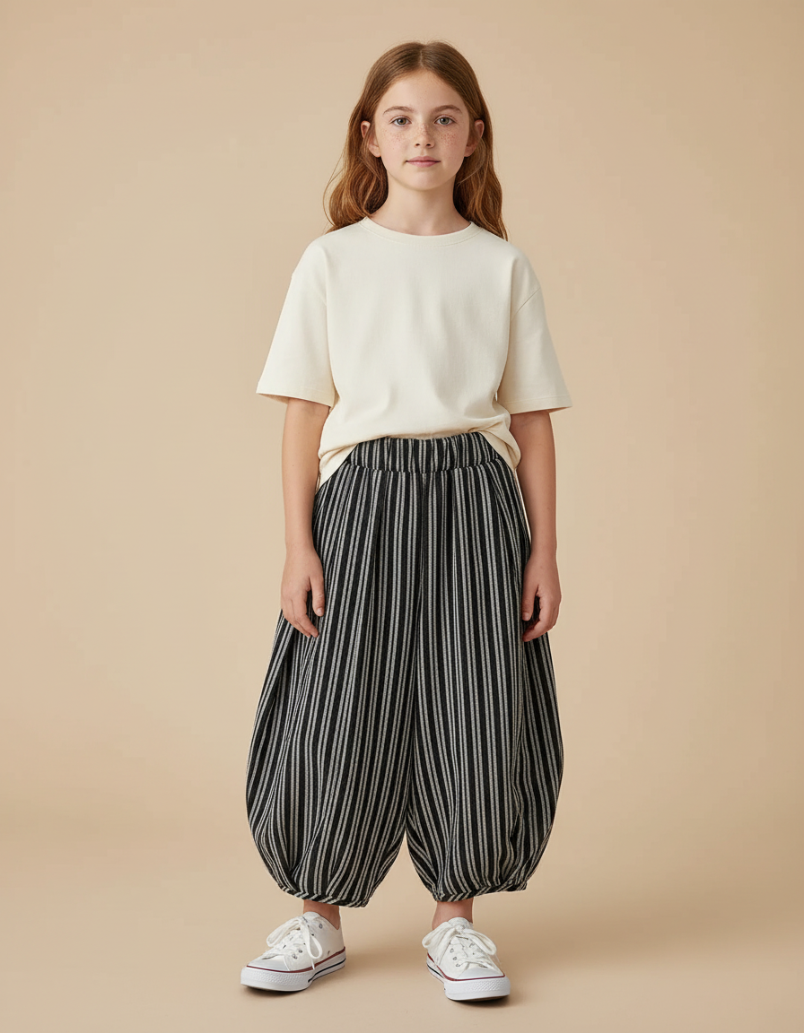 Pantalon Fluide Rayé Noir Ample Coton Décontracté