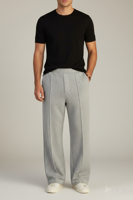 Pantalon Fluide Gris Motif Texturé Ample Décontracté Homme - Maille