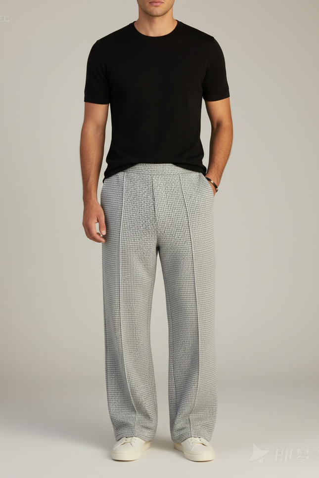 Pantalon Fluide Gris Motif Texturé Ample Décontracté Homme - Maille