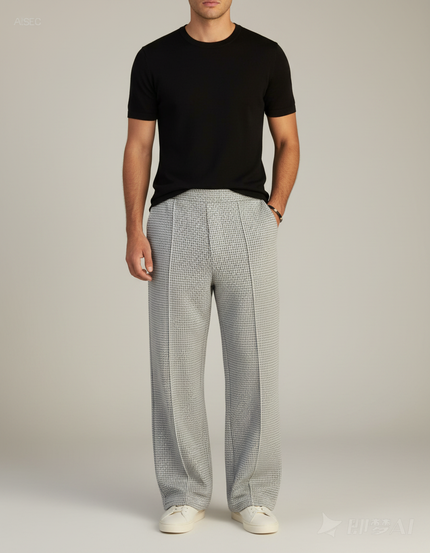 Pantalon Fluide Gris Motif Texturé Ample Décontracté Homme - Maille
