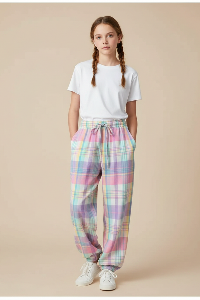 Pantalon Fluide Carreaux Pastel Ample Cordon Confortable - Multicolore Molleton
