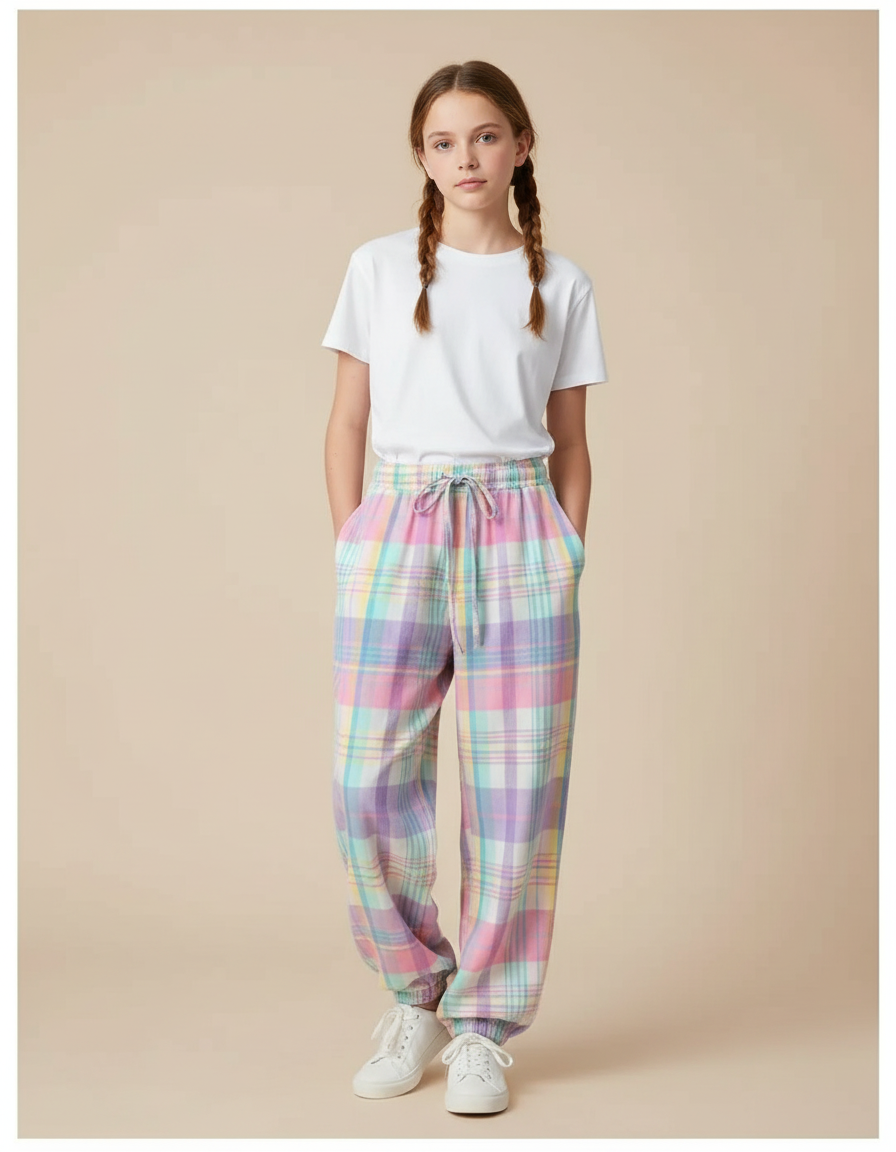 Pantalon Fluide Carreaux Pastel Ample Cordon Confortable - Multicolore Molleton