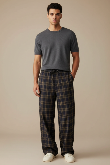 Pantalon Fluide Carreaux Marron Ample Confortable Cordon De Serrage - Laine
