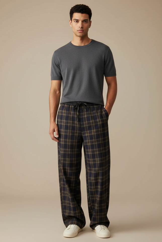 Pantalon Fluide Carreaux Marron Ample Confortable Cordon De Serrage - Laine