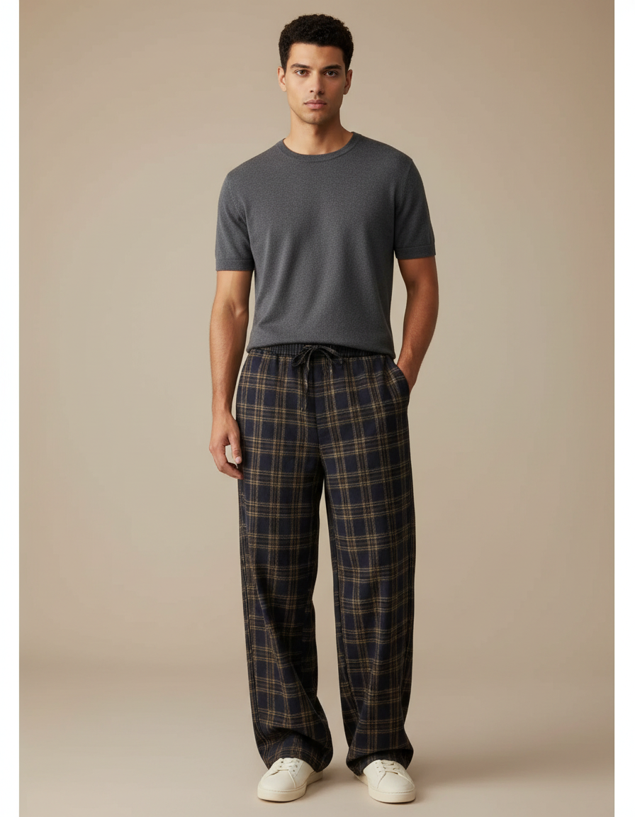 Pantalon Fluide Carreaux Marron Ample Confortable Cordon De Serrage - Laine