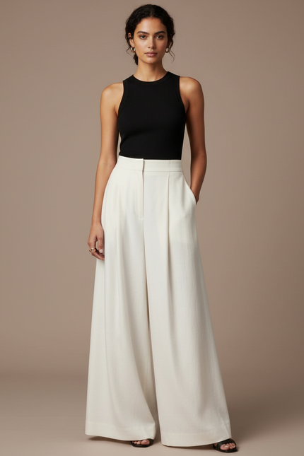 Pantalon Fluide Écru Large Plissé Chic Femme - Blanc Viscose