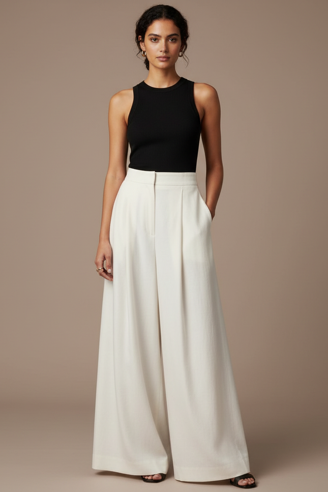 Pantalon Fluide Écru Large Plissé Chic Femme - Blanc Viscose