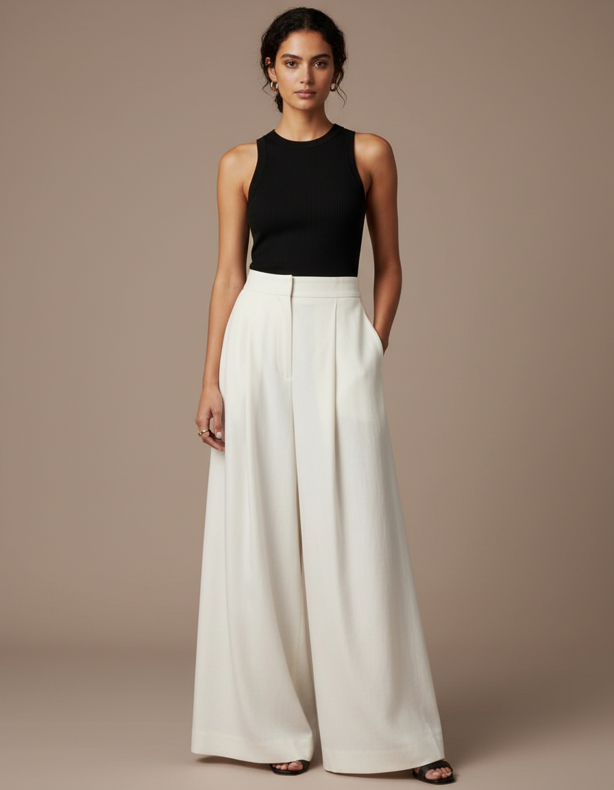 Pantalon Fluide Écru Large Plissé Chic Femme - Blanc Viscose