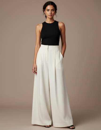 Pantalon Fluide Écru Large Plissé Chic Femme - Blanc Viscose