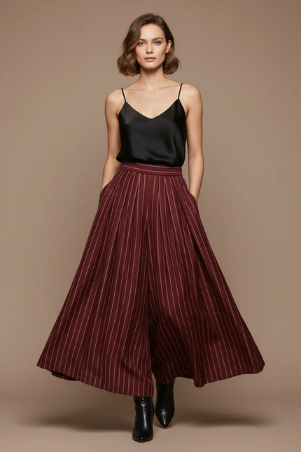 Pantalon Fluide Rayé Taille Haute Ample Élégant Femme - Bordeaux Viscose