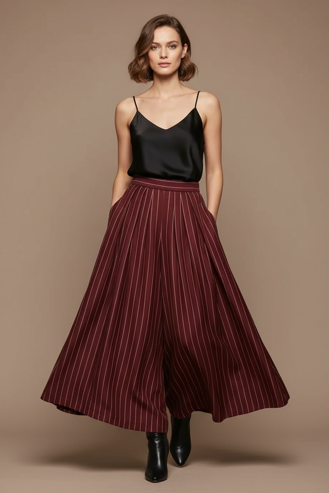 Pantalon Fluide Rayé Taille Haute Ample Élégant Femme - Bordeaux Viscose