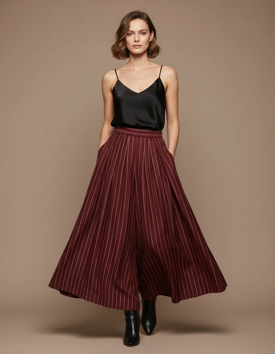 Pantalon Fluide Rayé Taille Haute Ample Élégant Femme - Bordeaux Viscose