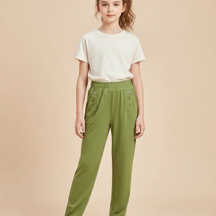 Pantalon Fluide Vert Militaire Droit Élastique Confortable Fille - Polyester