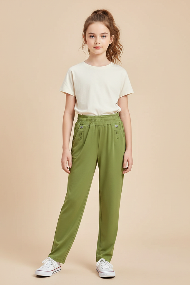 Pantalon Fluide Vert Militaire Droit Élastique Confortable Fille - Polyester