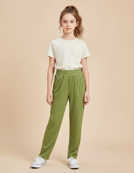 Pantalon Fluide Vert Militaire Droit Élastique Confortable Fille - Polyester