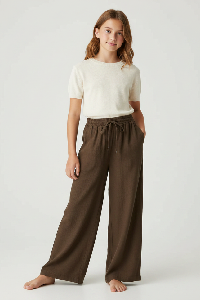 Pantalon Fluide Marron Ample Lin Décontracté Fille