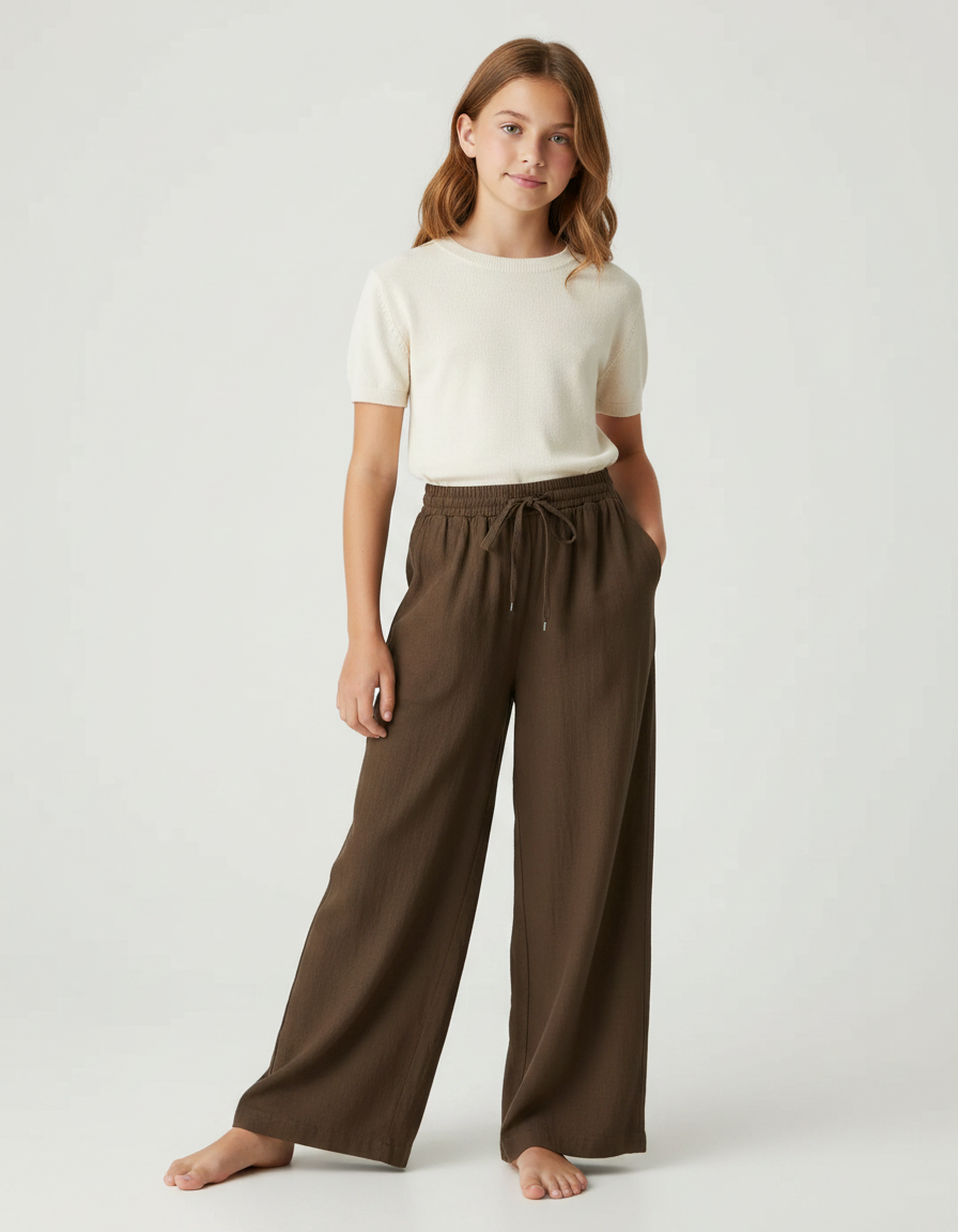 Pantalon Fluide Marron Ample Lin Décontracté Fille
