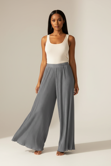 Pantalon Fluide Gris Plissé Ample Décontracté Femme - Polyester