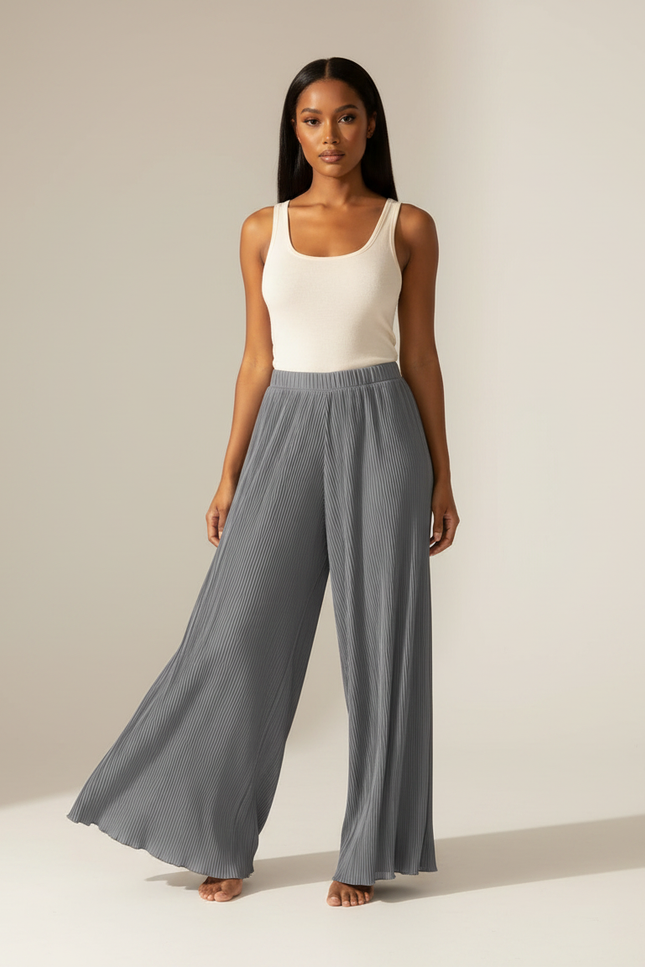 Pantalon Fluide Gris Plissé Ample Décontracté Femme - Polyester