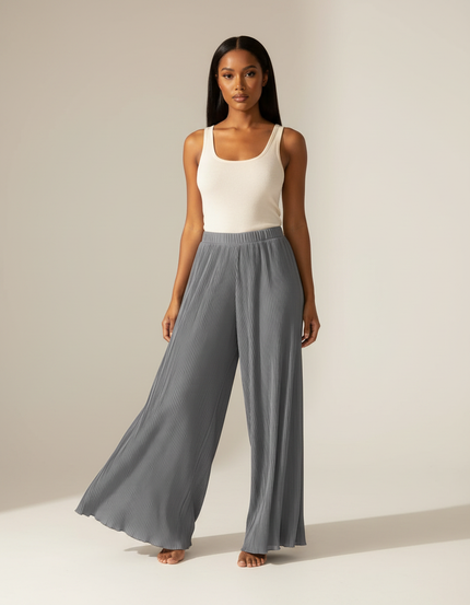 Pantalon Fluide Gris Plissé Ample Décontracté Femme - Polyester