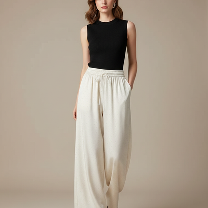 Pantalon Fluide Écru Ample Satiné Points Élégant - Beige
