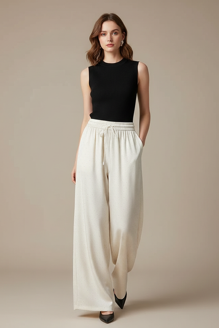 Pantalon Fluide Écru Ample Satiné Points Élégant - Beige