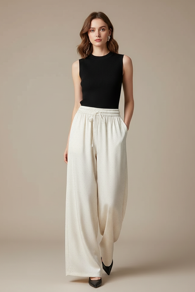 Pantalon Fluide Écru Ample Satiné Points Élégant - Beige