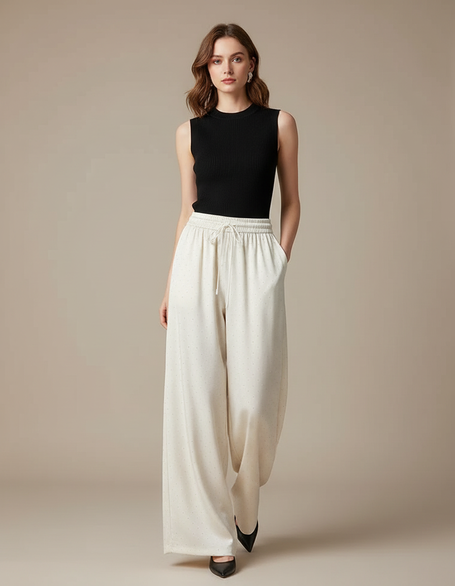 Pantalon Fluide Écru Ample Satiné Points Élégant - Beige